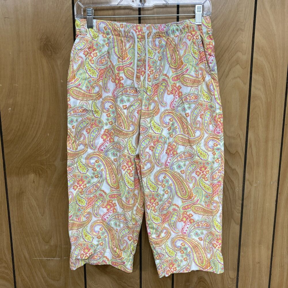 CORAL BAY white multicolor paisley drawstring waist pull on cropped pants S